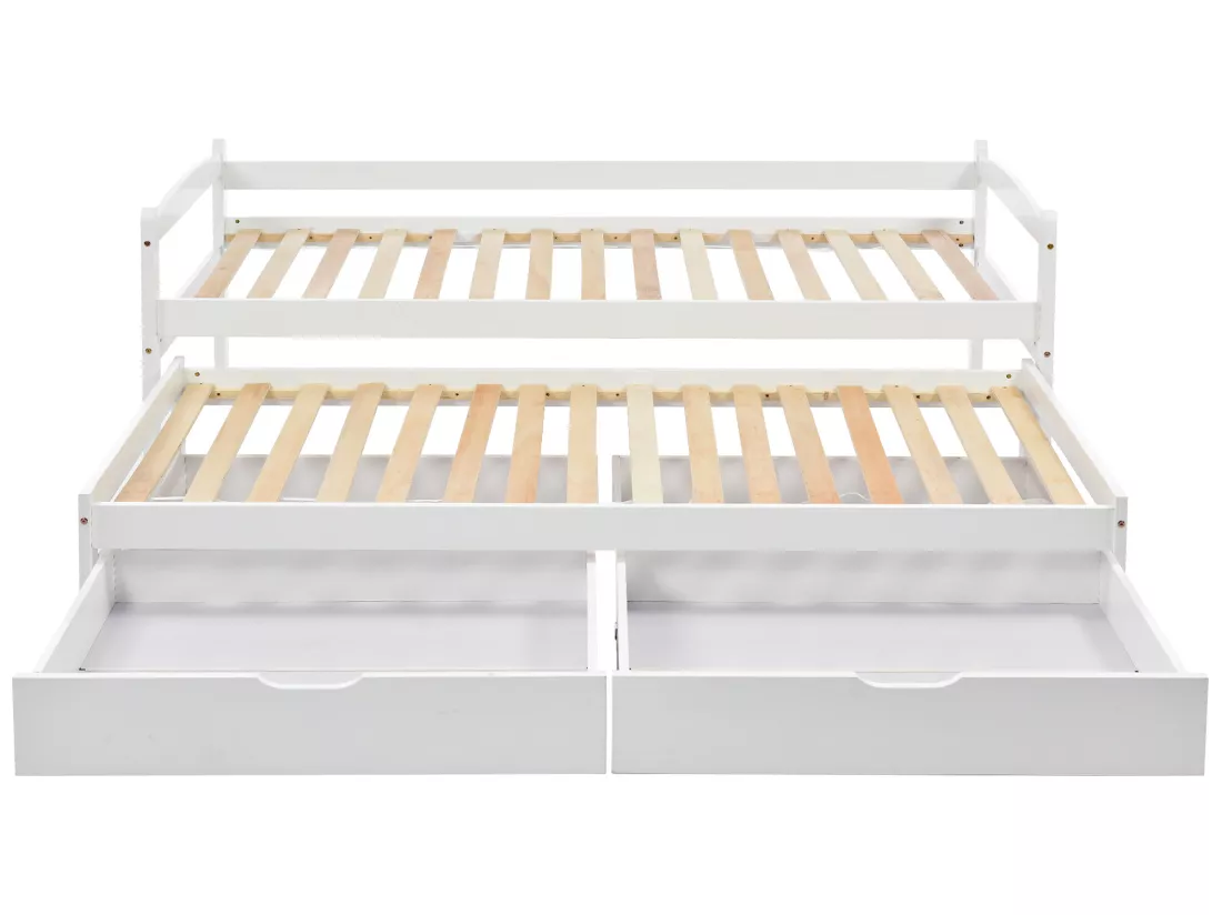 Lit gigogne avec 2 tiroirs - 200x90cm & 190x90cm - bois massif - blanc