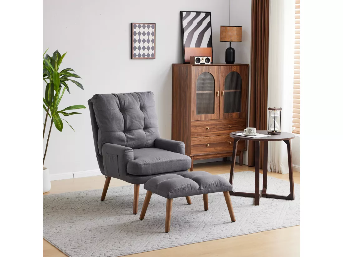 Chaise longue avec repose-pieds, dossier réglable sur 10 niveaux, inclinable, chaise avec étagère latérale-Gris