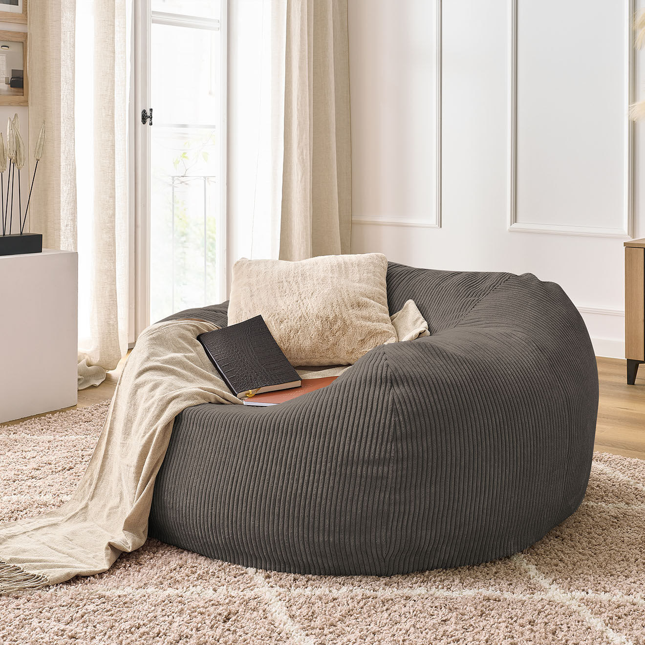 Bobochic Pouf ultra moelleux en Velours côtelé Voltaire taupe - 120x70x60 cm