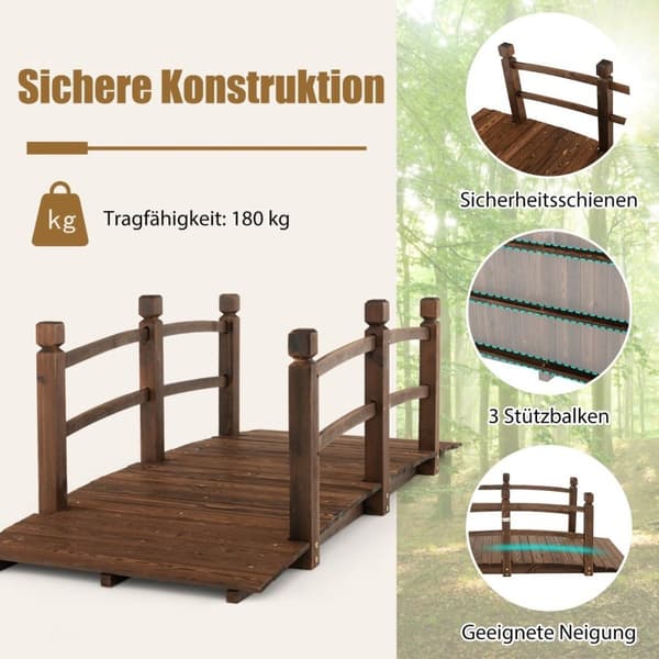 1,7 m lang hagebro i tre, dekorativ dambro med fallsikring, 180 kg lastekapasitet