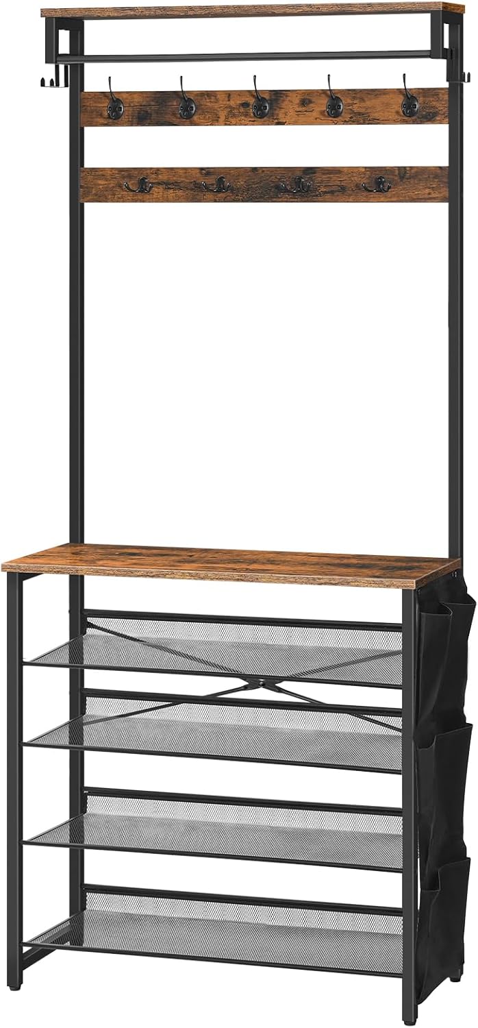 HOOBRO Garderobenständer mit Schuhablage, Schuhregal mit Garderobe, Kleiderständer mit 5 Ebenen Schuhablage, Garderobe mit Schuhschrank, Verstellbares Metallgitterregal, Vintagebraun EBF75MT01 RB5534269