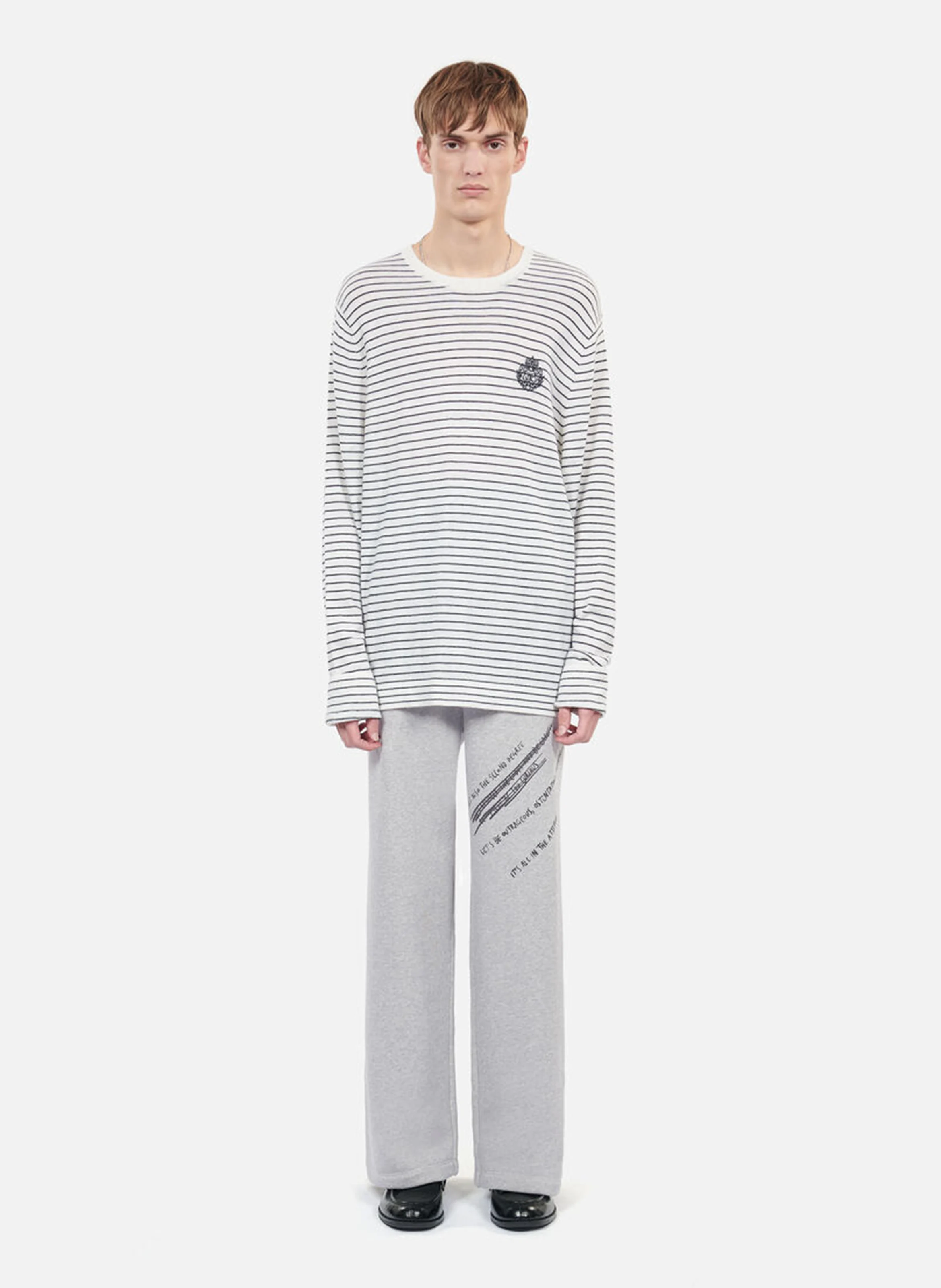 Pull col rond droit en laine et cachemire rayé | Blanc