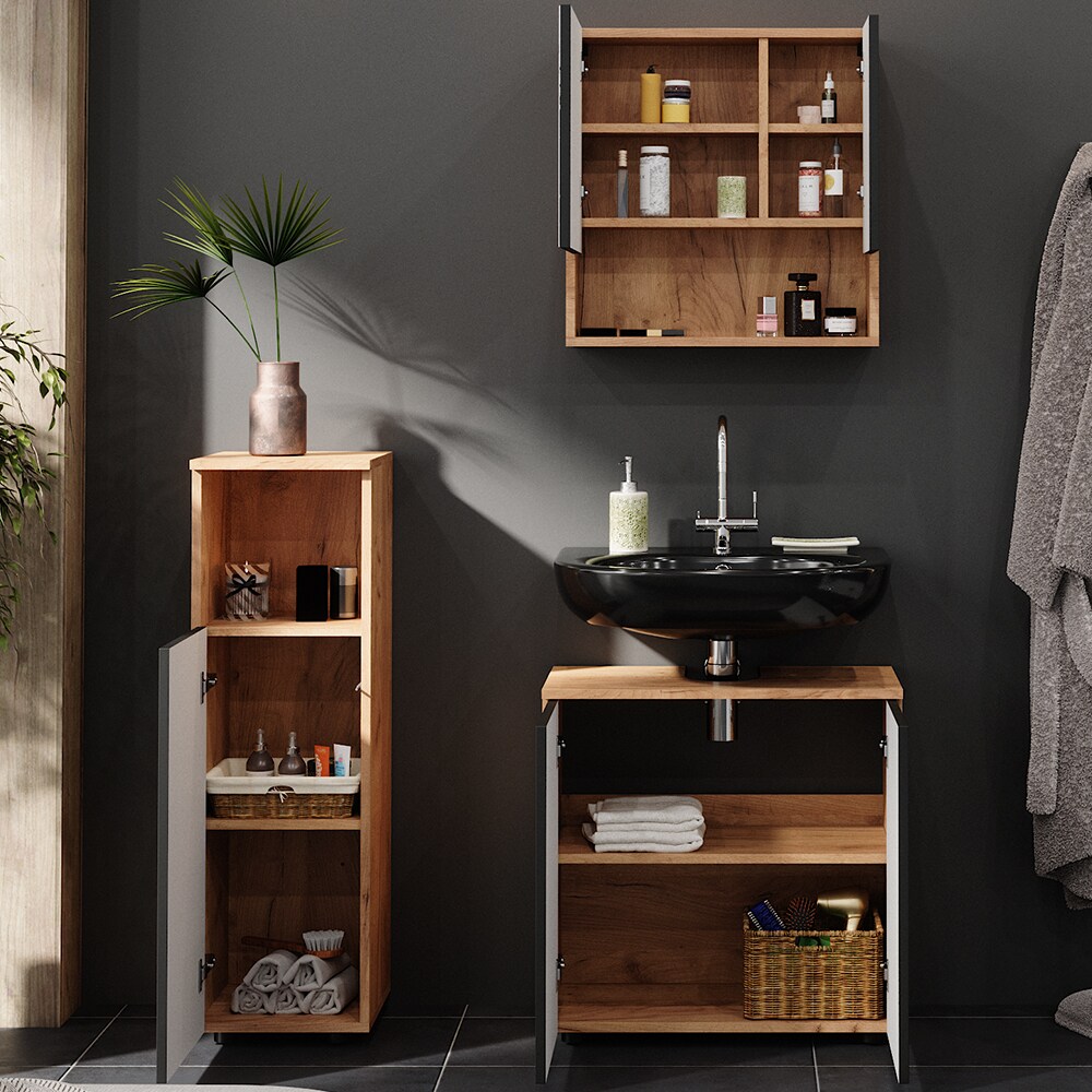 Vicco Badmöbel-Set Irma Eiche Anthrazit 4-teilig Midischrank 95 cm Waschbeckenschrank 60 cm
