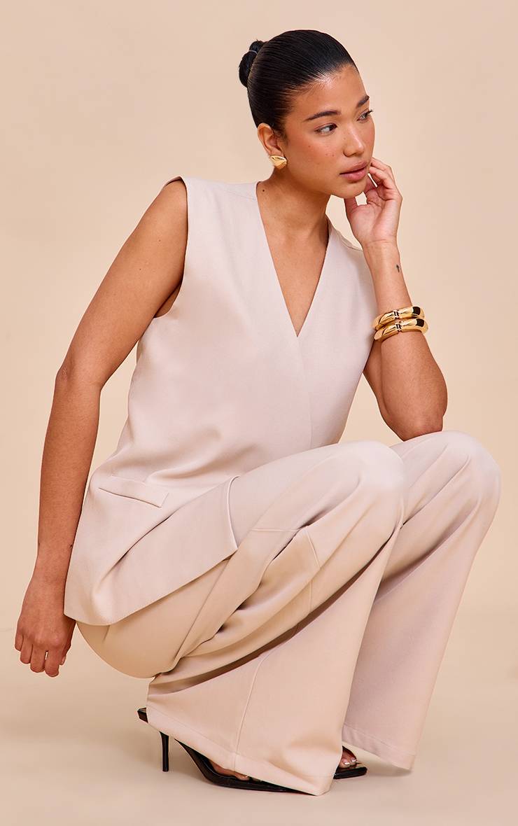 Gris Argile Ensemble Coordonné Gilet Sans Col Tissé À Épaulettes