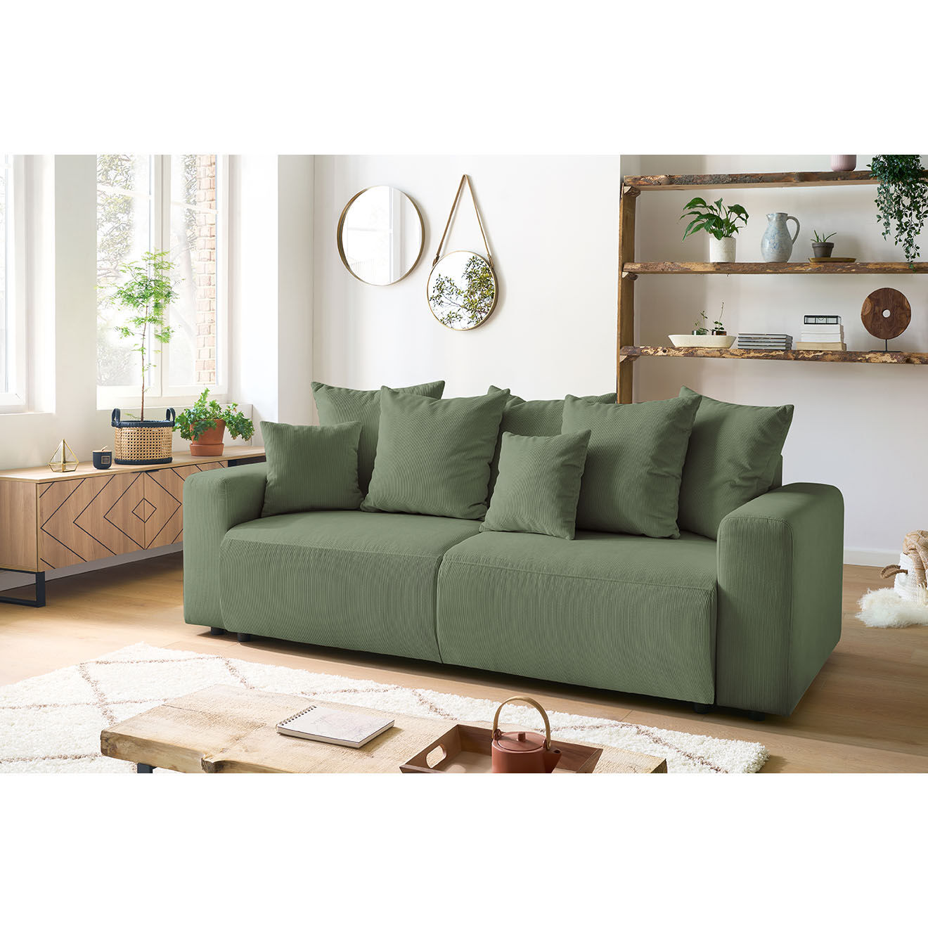 Bobochic Canapé 3 places velours côtelé convertible coffre Envy vert - 245x102x88 cm