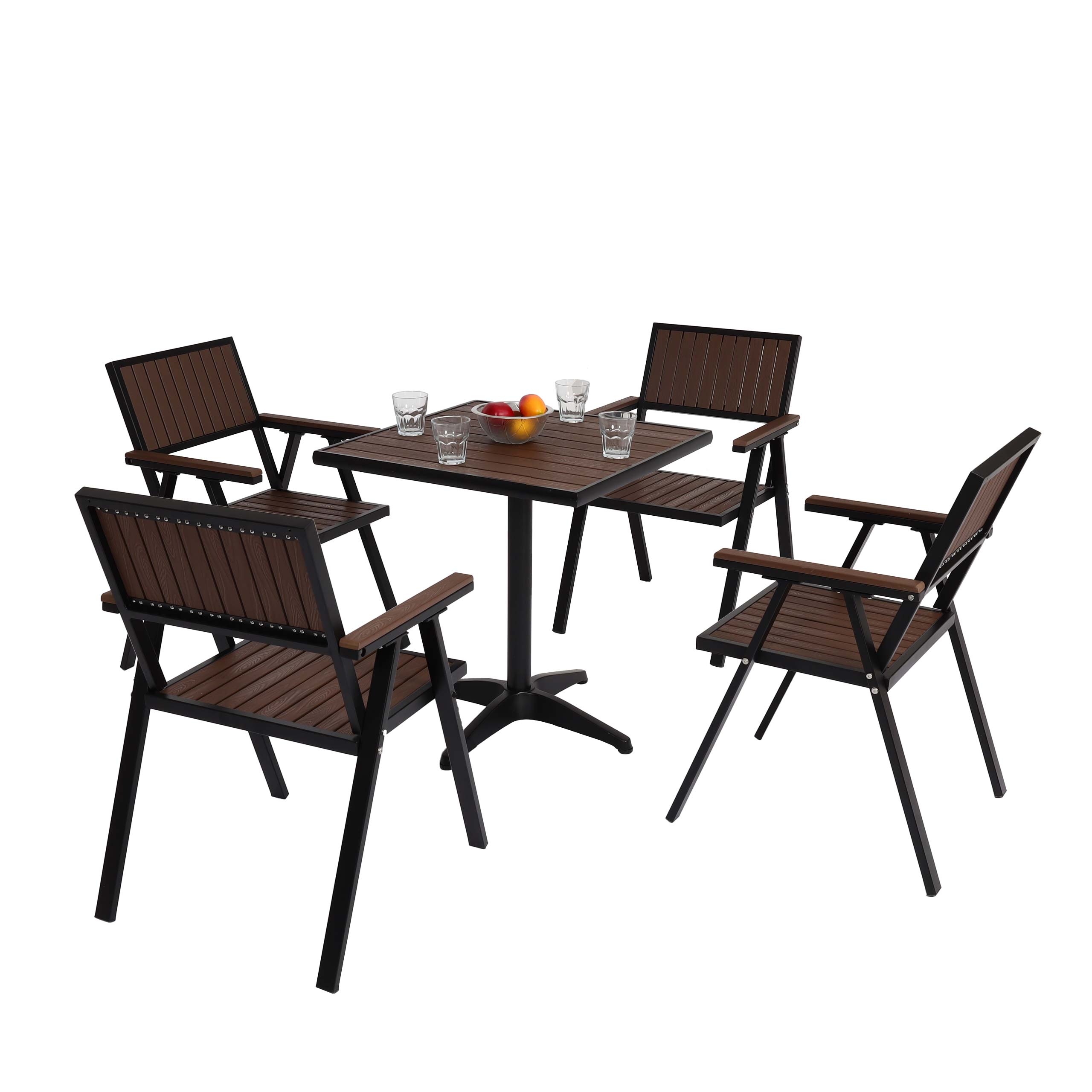 4er-Set Gartenstuhl+Gartentisch MCW-J95, Stuhl Tisch, Gastro Outdoor-Beschichtung, Alu Holzoptik ~ schwarz, dunkelbraun