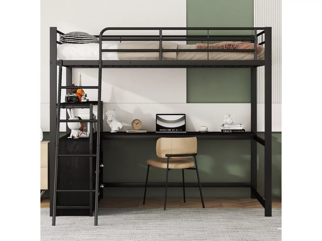 Lit mezzanine 140 x 200 cm avec bureau d'angle en L et 4 tiroirs - Métal - Noir (sans matelas)