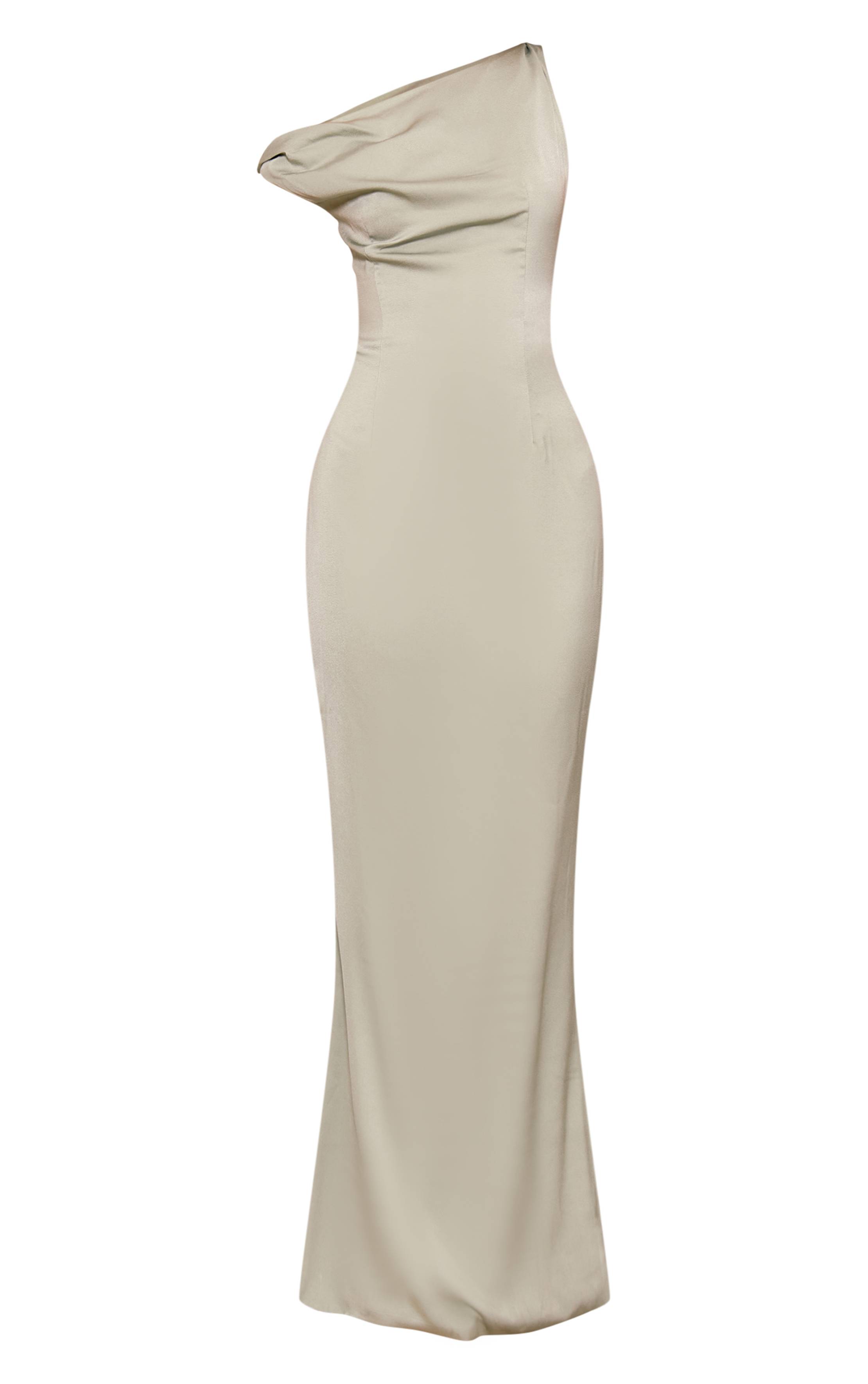 Vert Sauge Robe Longue Asymétrique En Satin Avec Col Bardot Torsadé