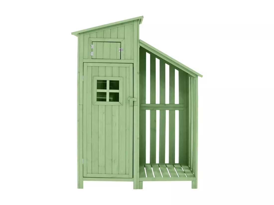 Abri de jardin en bois massif avec toit pente en PVC - 2 étagères 3 portes loquets - L124 x P46 x H174 cm - Vert