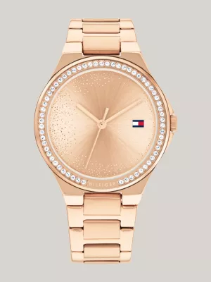 Relógio de pulso com pulseira banhada a ouro rosa e adornada com cristais