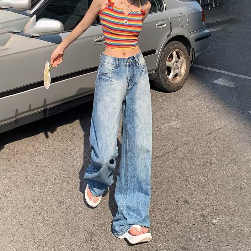 CRIBI - Mid Rise Washed Wide Leg Jeans