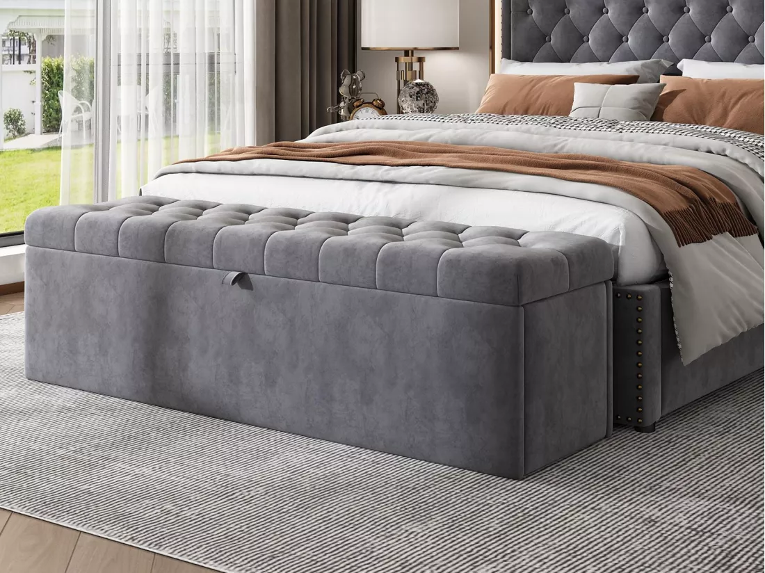 Banc coffre rembourré en velours - Gris