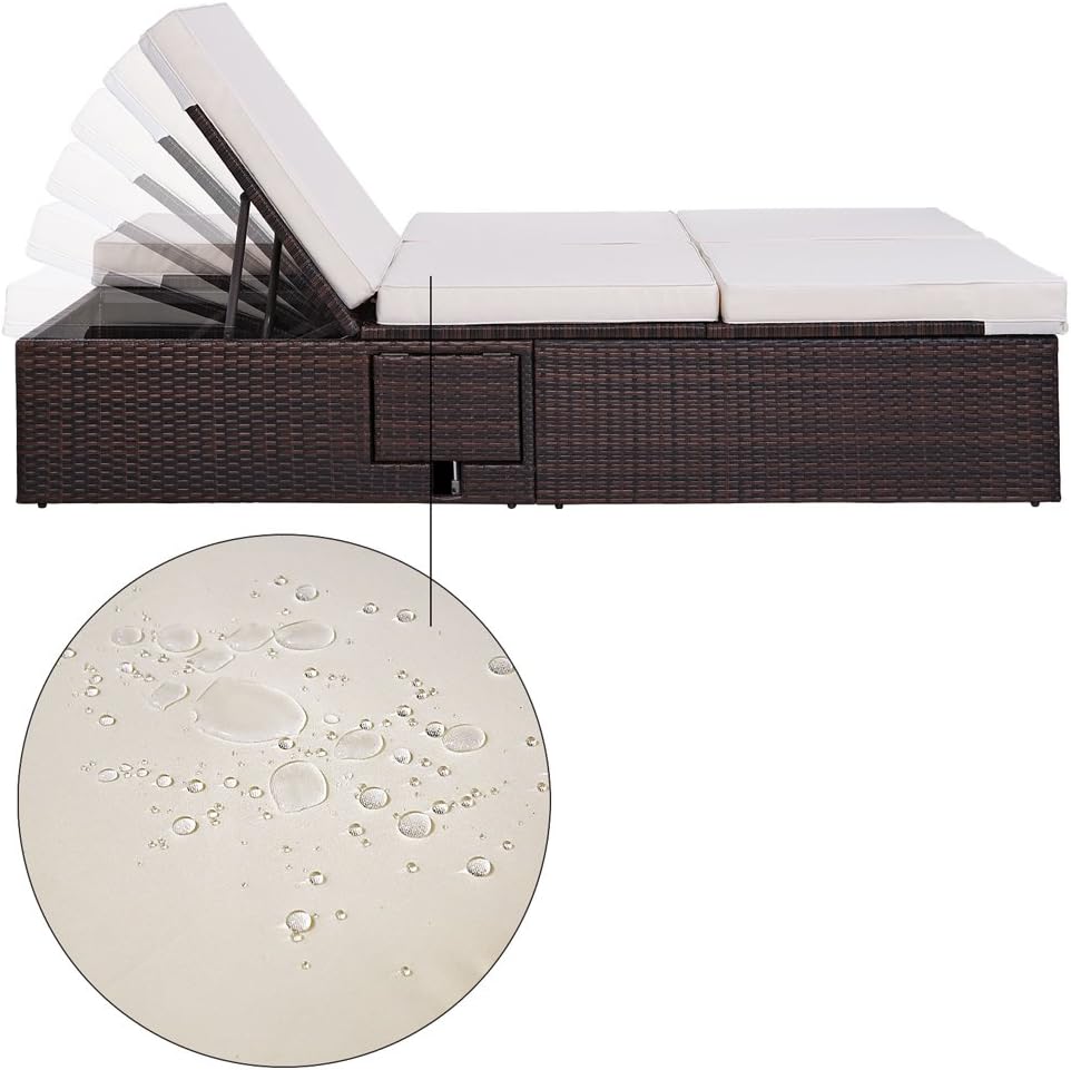 Casaria® Sonnenliege 2 Personen mit Klapptisch 7cm Auflagen Wetterfest Gartenliege 400kg Belastbar Liegestuhl Verstellbar Braun Creme 196x116cm
