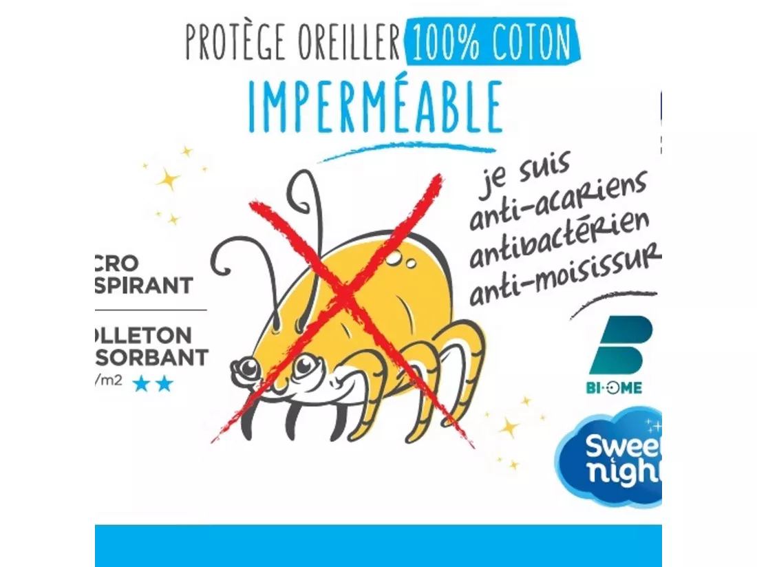 Protège oreiller anti-acariens imperméable molleton 100% coton 65x65