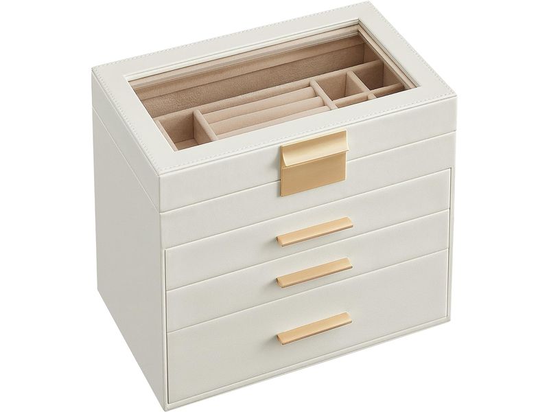 Songmics Schmuckschatulle mit Glasdeckel Weiss Schmuckkasten