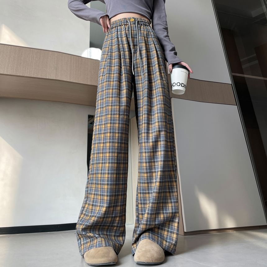 Jaqmine - Geruite broek met hoge taille en wijde pijpen
