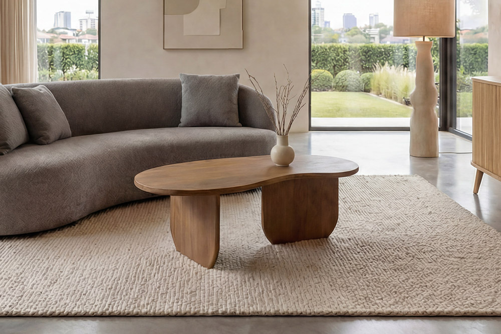 Massiver Couchtisch ORGANIC 120cm natur honey finish Mangoholz organische Form