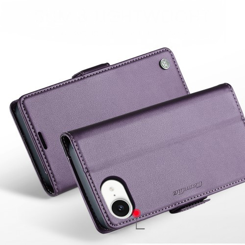 iPhone 16e Leder Tasche Flip Wallet Etui mit Kartenfächern Litchi Look (RFID Schutz) - Lila