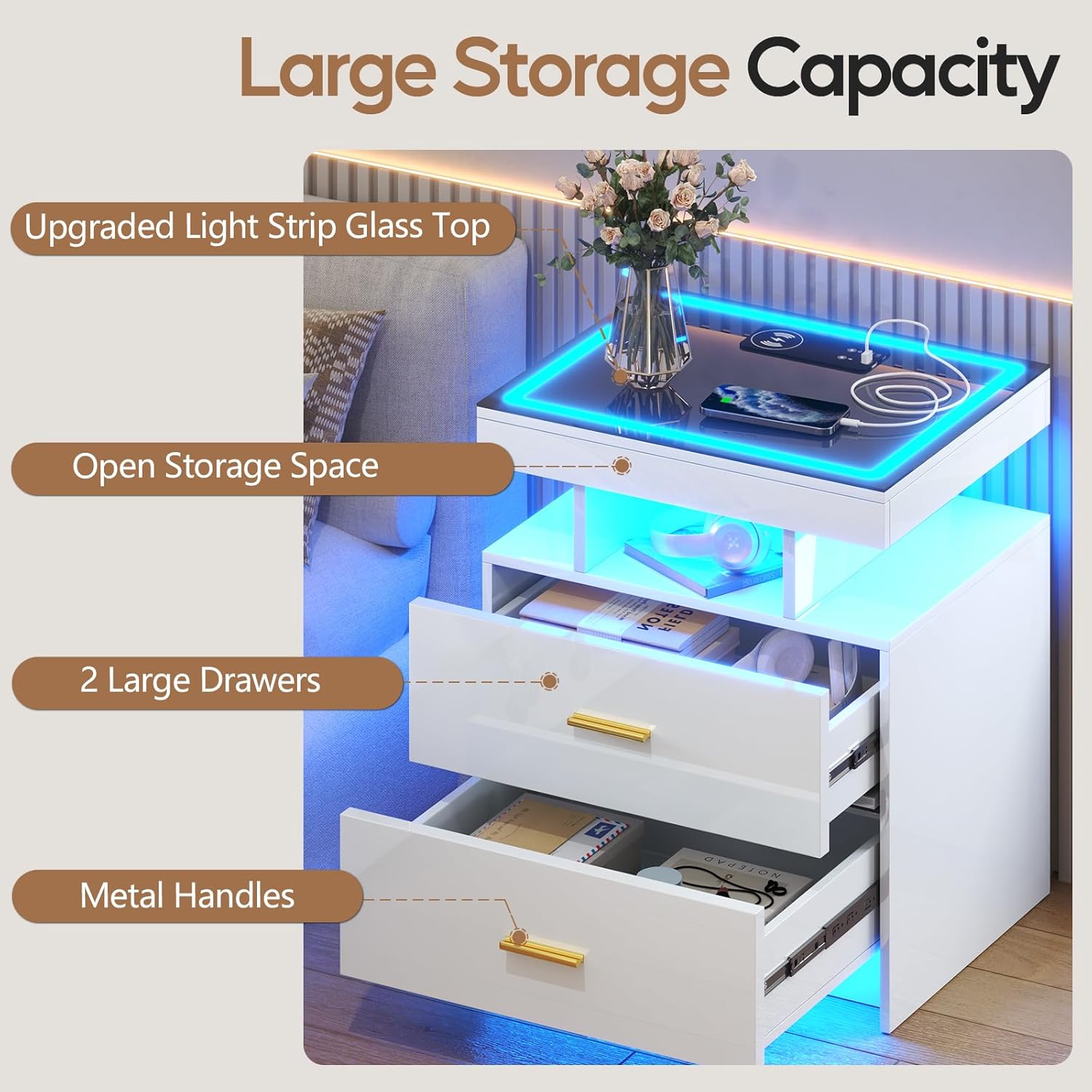 Lvifur LED Hochglanz Nachttisch mit 2 Schublade & LED-Beleuchtung,Nachtschrank mit Intelligent Ladestation,Bedside Table,Night Stand,Nachtkästchen für Schlafzimmer,Wohnzimmer