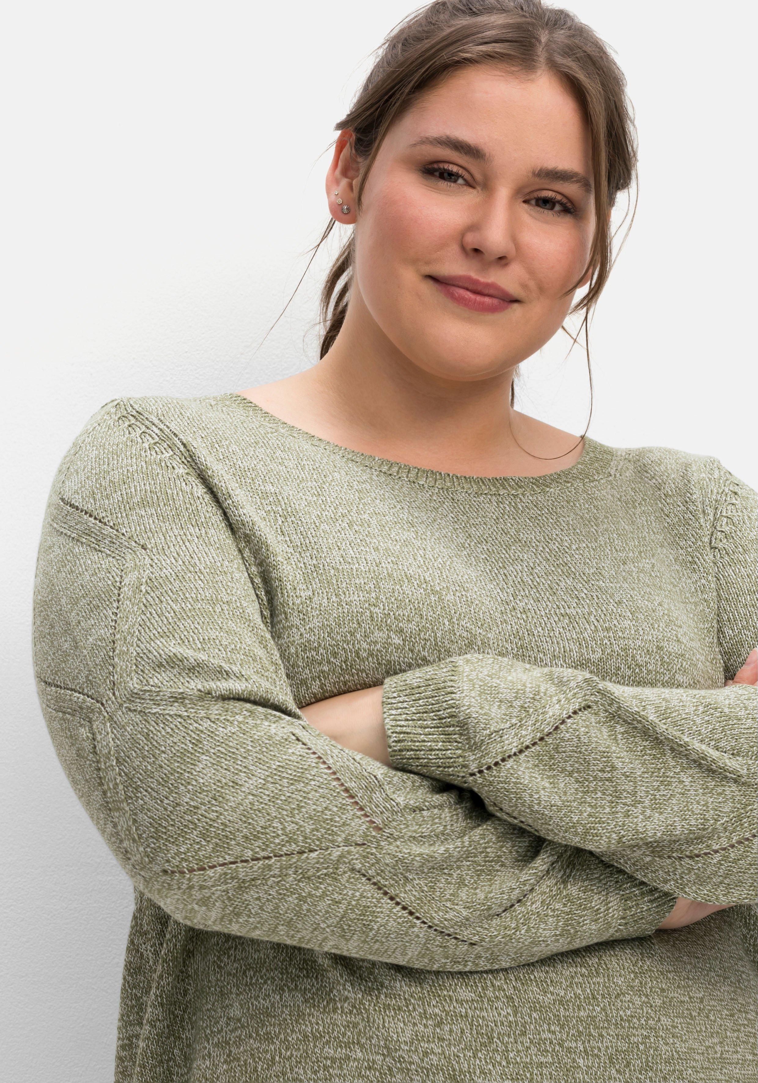 Melierter Pullover mit Ajourmuster am Ärmel