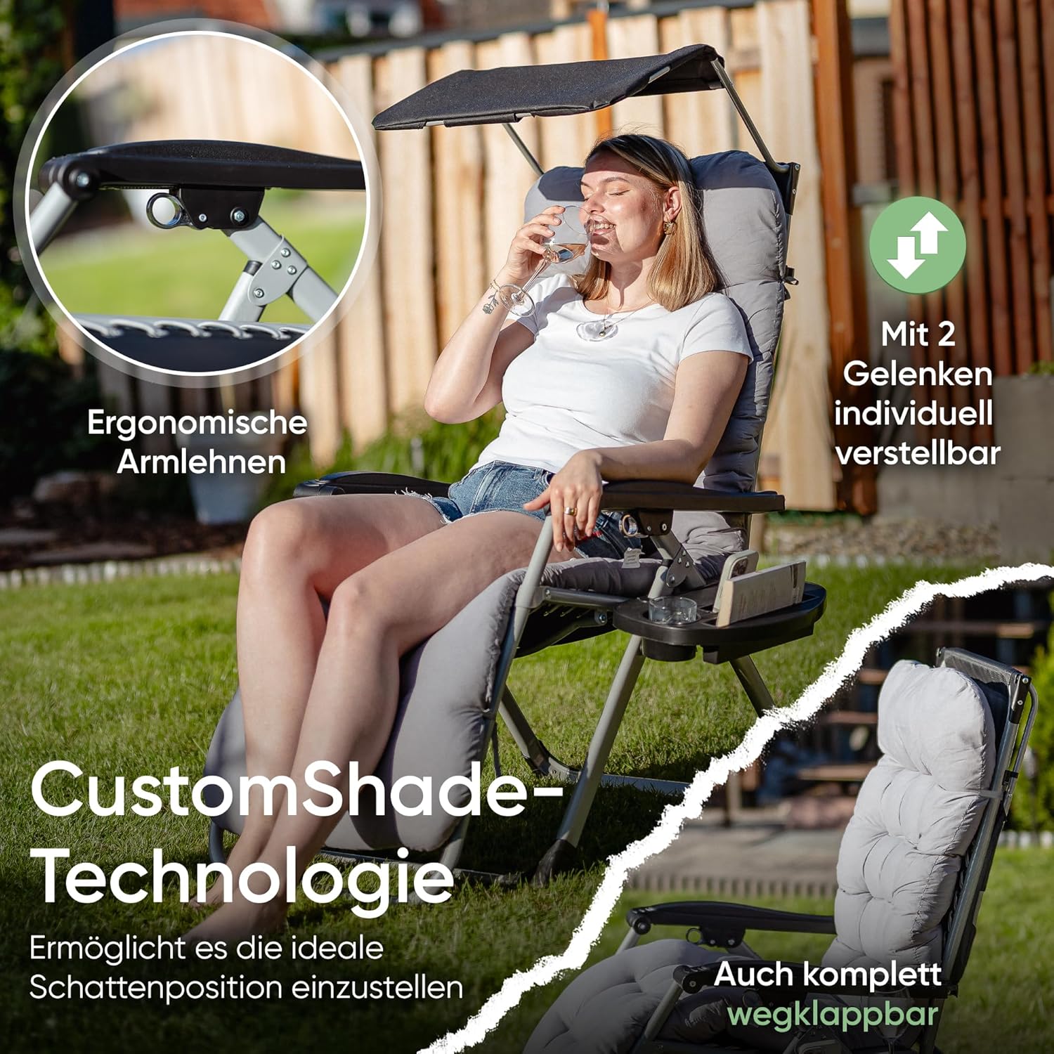 NatureLiving® Sonnenliege Liegestuhl klappbar- Robust, Faltbar & Wetterfest - Gartenliege mit Sonnendach für Garten und Balkon, Klappliege, Balkonliege, Outdoor Liege, Relaxliege, Belastbar 200kg