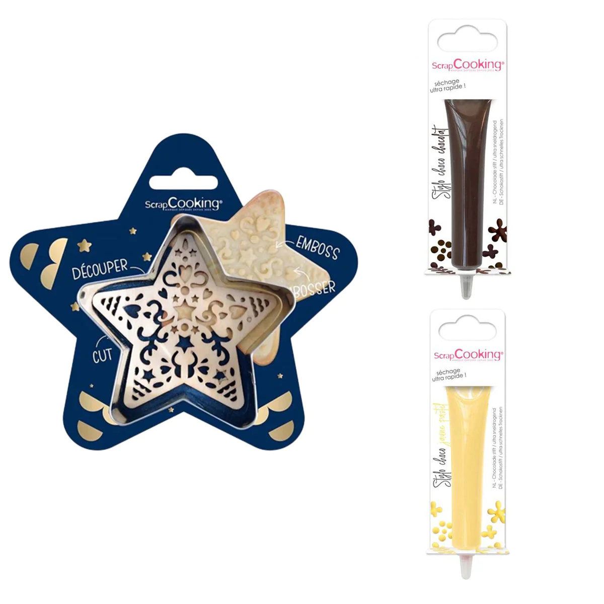 Kit pour biscuit en relief Étoile + 2 Stylos au chocolat marron et jau