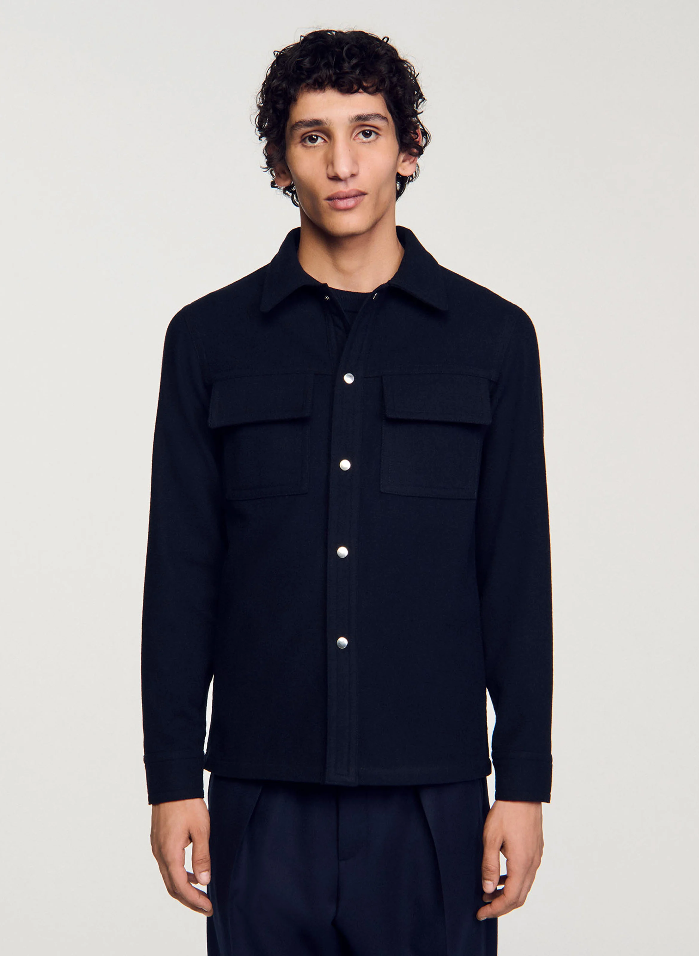 Chemise col classique droite en laine mélangée | Bleu