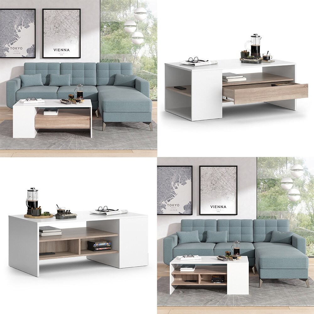Vicco Couchtisch Sofatisch Kaffeetisch Fabien Weiß Sonoma Wohnzimmer Tisch 110x45 cm modern Ablage Fach Schublade Beistelltisch Stubentisch
