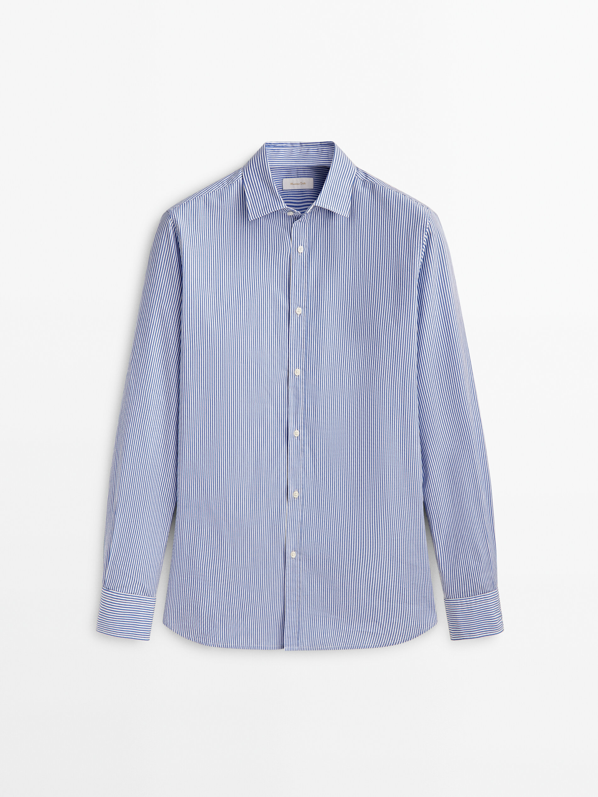 Camisa de algodão popeline listrada de corte justo - CELESTE