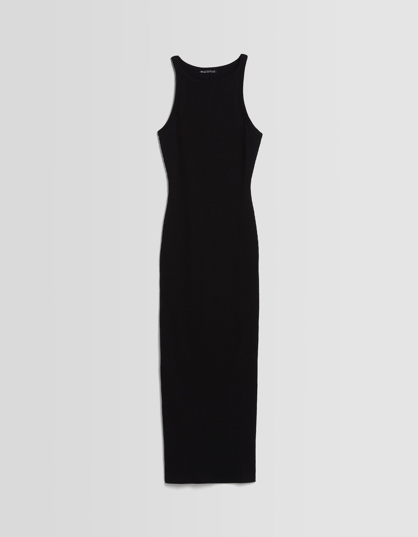 Vestido midi canelado sem mangas