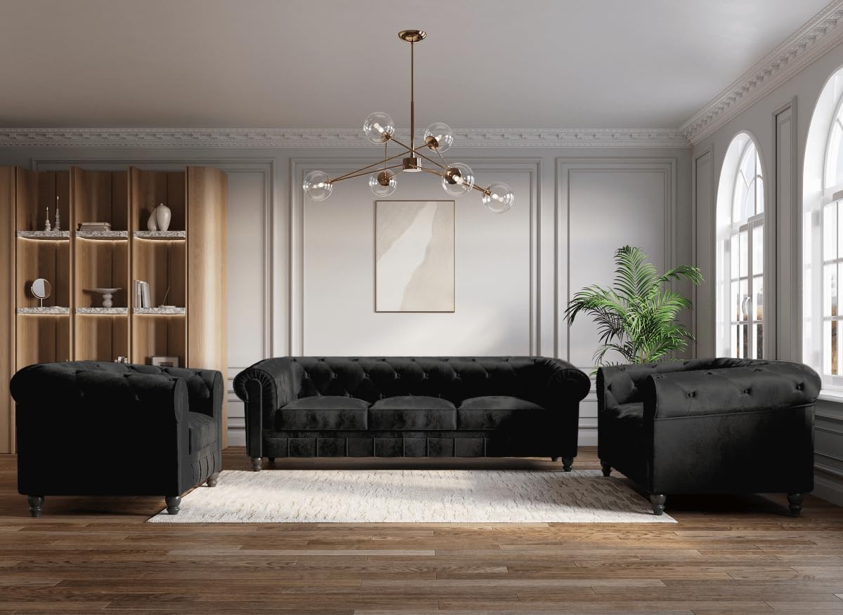 DecoInParis Canapé Fixe 3 Places Velours Noir Chesterfield IL6319992