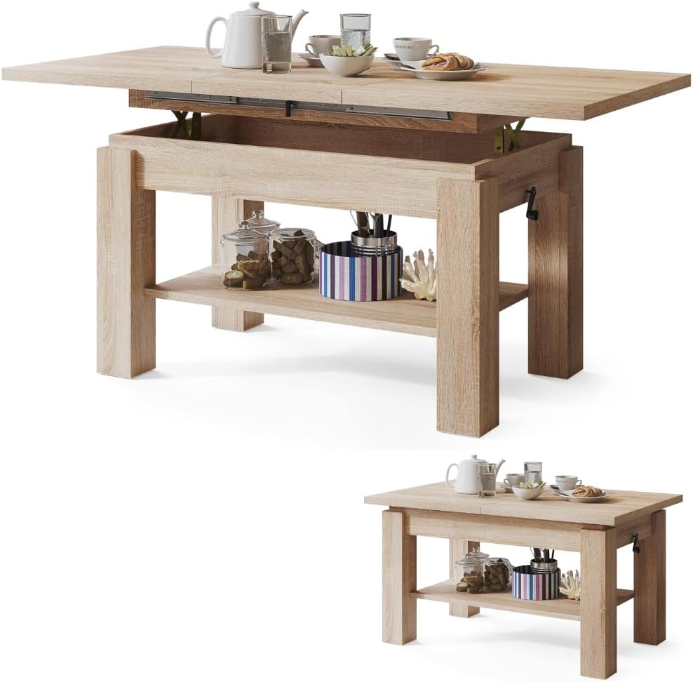 All4All Couchtisch Astra - Kaffeetisch - Wohnzimmertisch – Sofatisch mit Ablage - höhenverstellbar - kompakte Größe - Sofatisch - 110x68cm - 05 - Sonoma Eiche