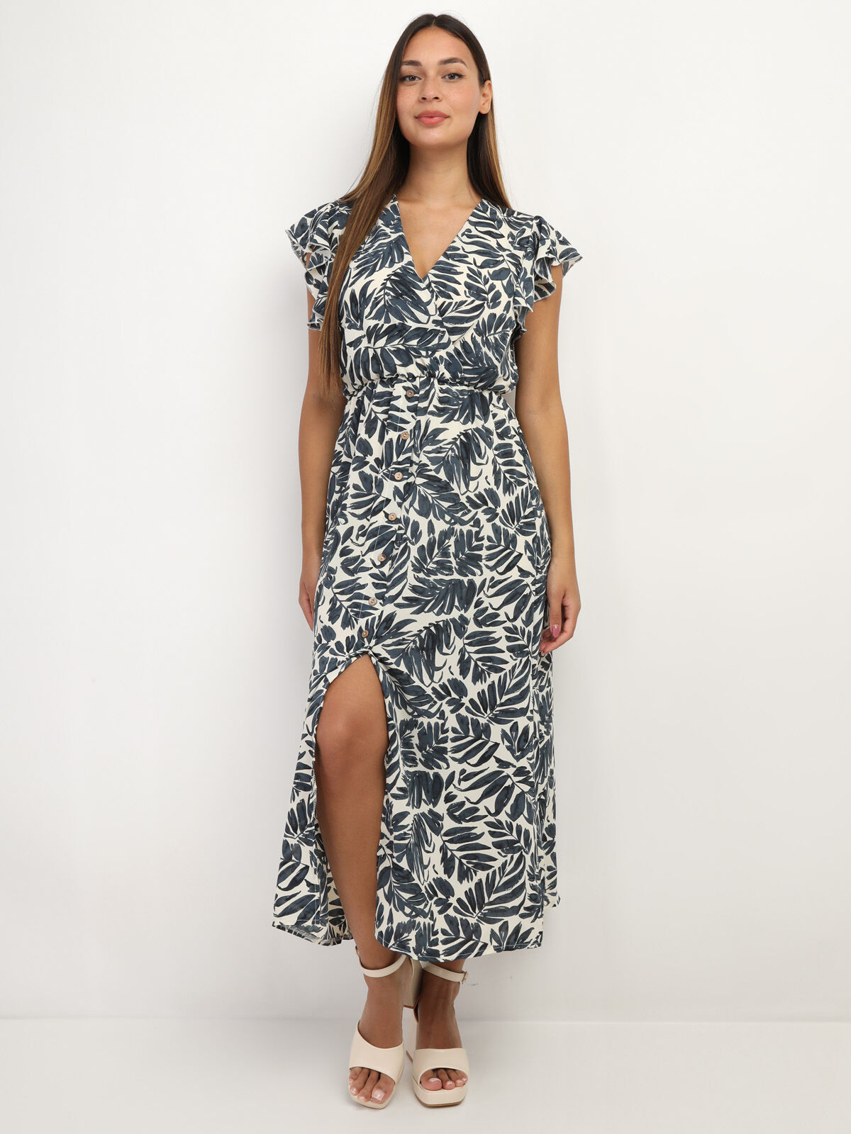 Robe longue cache cœur à imprimé feuilles- Bleu