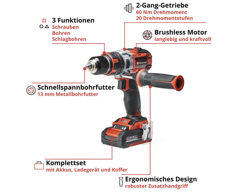 Einhell Power X-Change TP-CD 18 Li-i BL accu-slagboormachine, inclusief 2 accu's (2 Ah) en lader