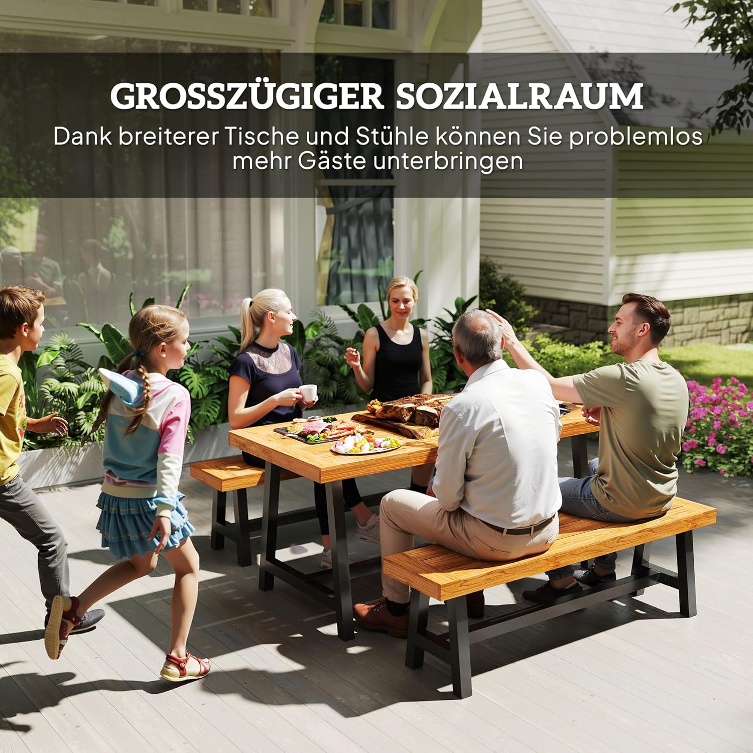 Outsunny Sitzgruppe 3-teilig Holz Essgruppe für 4 Personen im Lamellendesign Esstisch mit 2 Bänke Esszimmergruppe mit Holztisch Küchentisch-Set Balkonmöbel Gartenmöbel für Terrasse, Balkon Teak