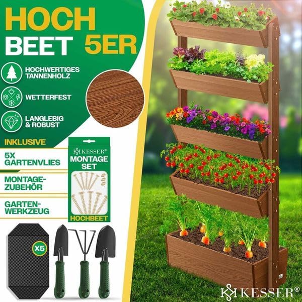 KESSER® Hochbeet mit 5 Etagen Premium Blumenkasten Blumentreppe Pflanztreppe Gemüsebeet Kräuterbeet Pflanzkübel Frühbeet Blumenbeet Pflanzkasten mit Gartenvlies - Beet inkl. Schaufelset, Braun