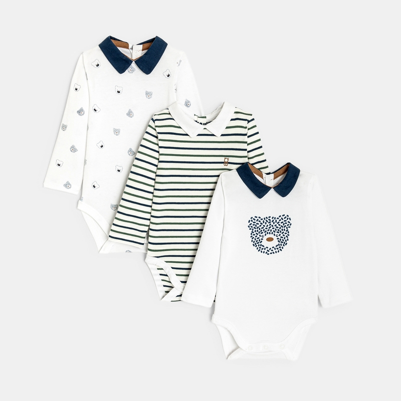 Body petit col ours et rayures (lot de 3) bleu naissance