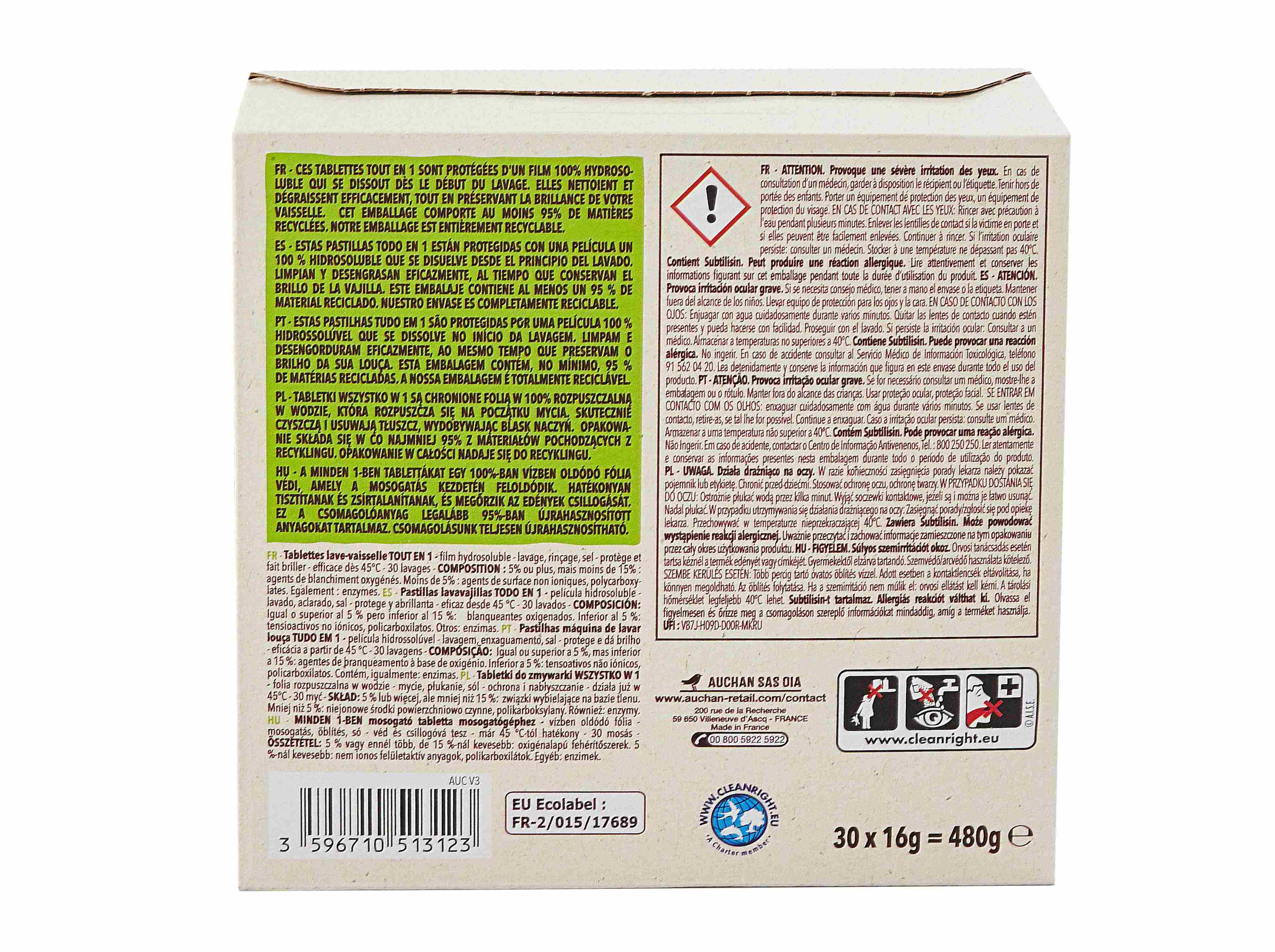 DETERGENTE MÁQUINA LOIÇA AUCHAN BETTER LIFE PASTILHAS TUDO EM 1 30UN