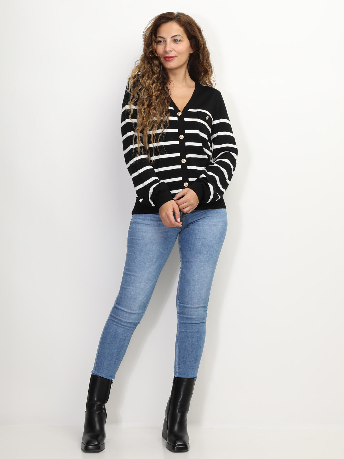 Cardigan marinière à boutons style officier- Noir