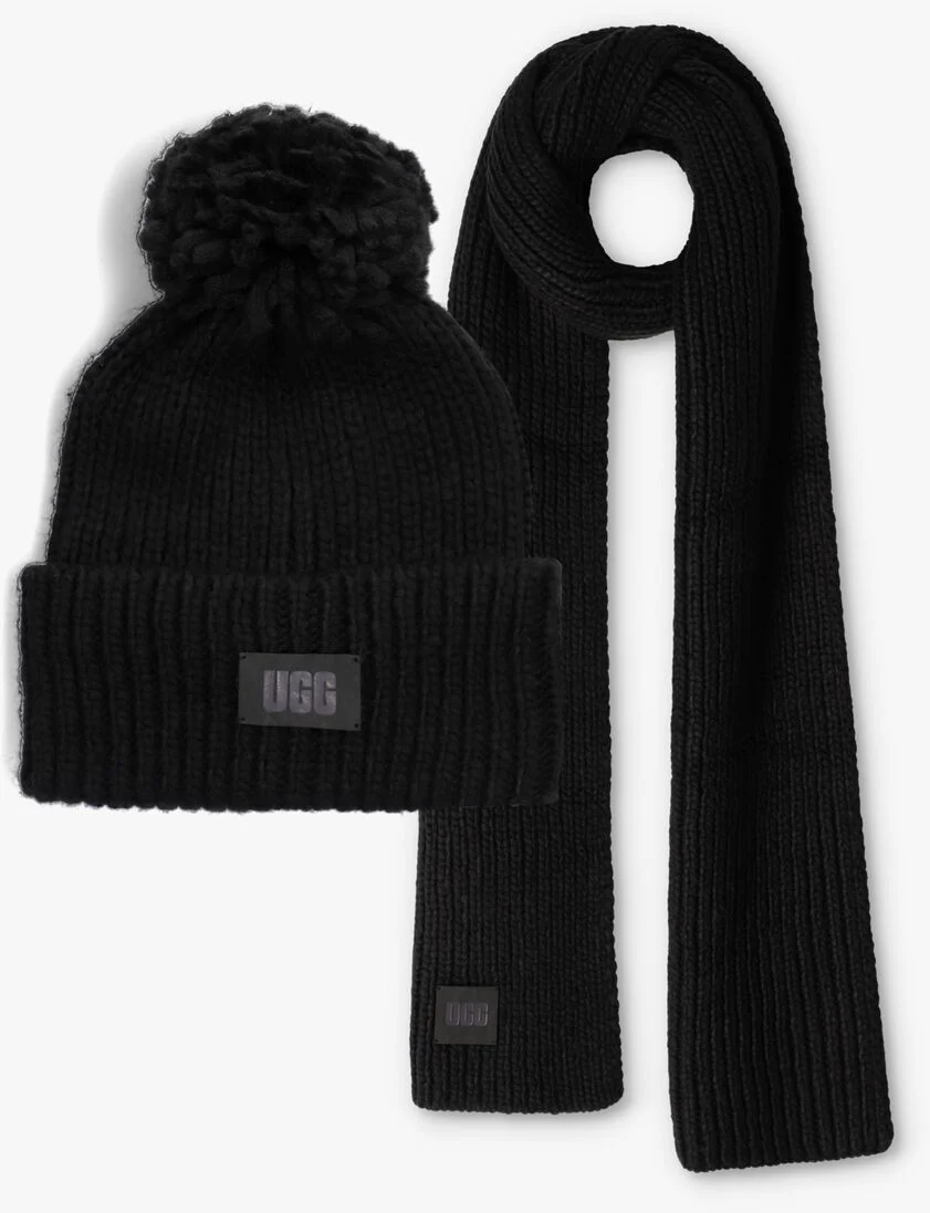 UGG zwarte ugg muts chunky rib beanie knit pom set