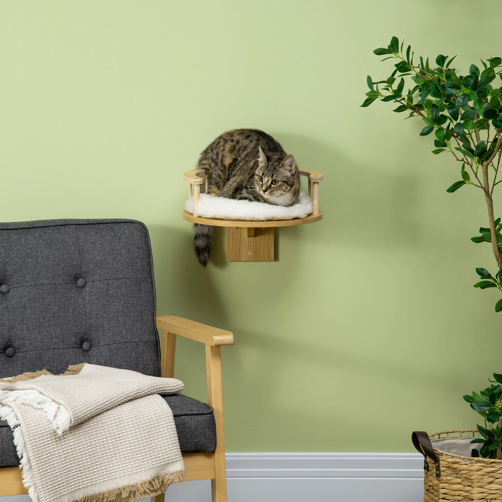 PawHut Katzen-Wandregal mit Schutzrand und Polsterung natur, weiß 34L x 34B x 10,5H cm
