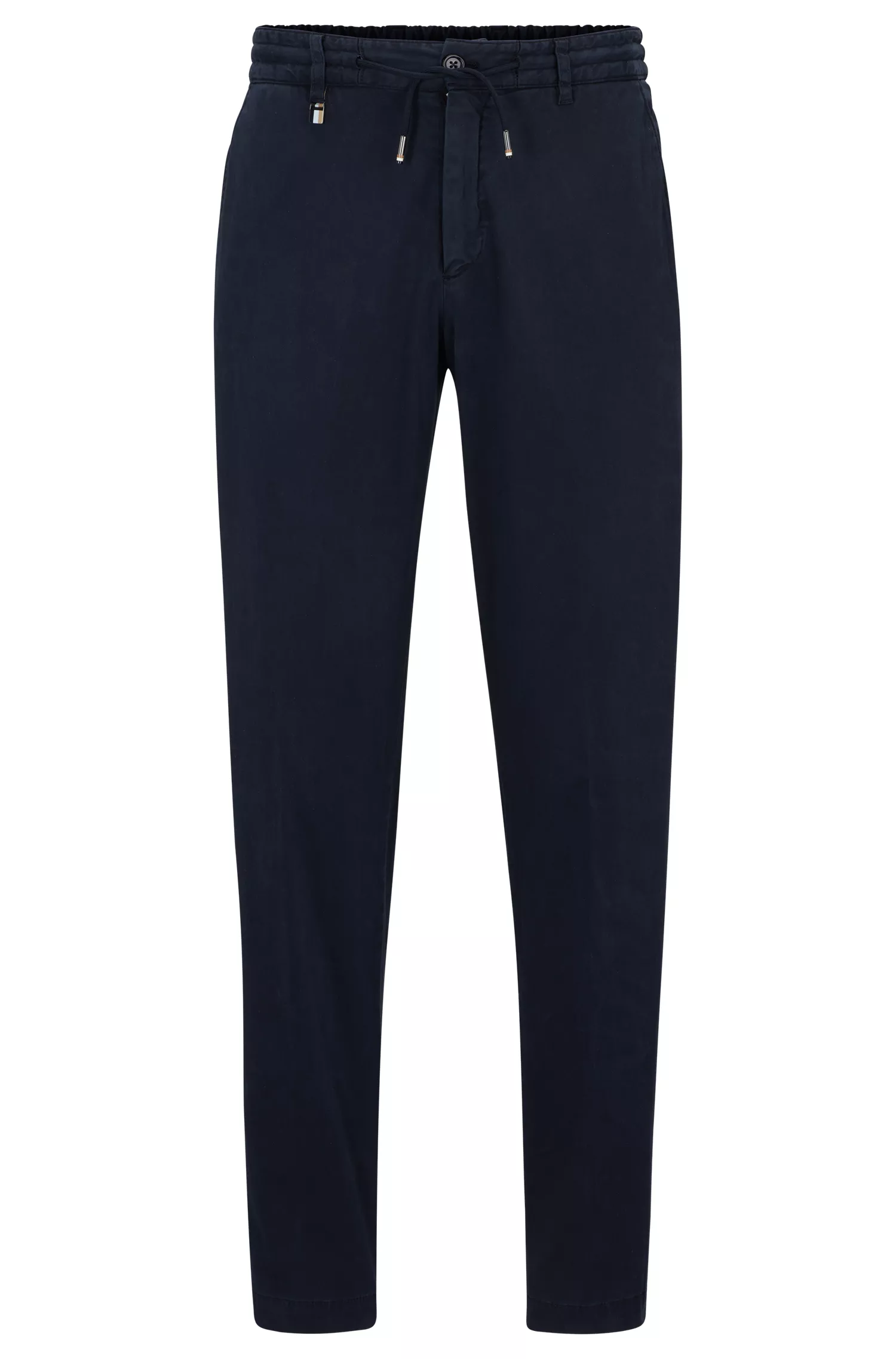 Calça BOSS preta, corte slim, com cintura ajustável por cordão, em tecido elástico.