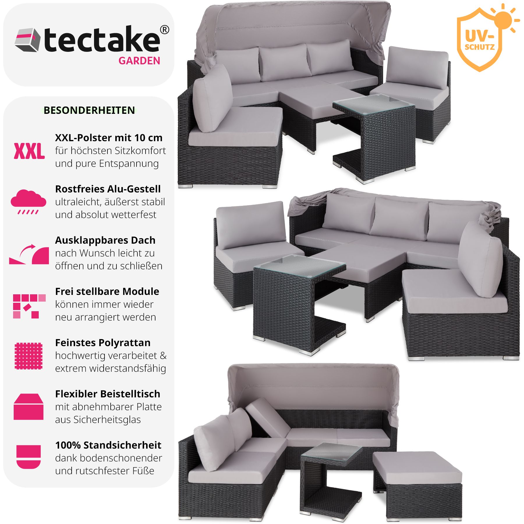 tectake® Rattan Lounge, mit Aluminiumgestell, wetterfest und UV-beständig, mit klapparem Sonnenschutz, mit Sicherheitsglasplatte, variabel aufstellbar