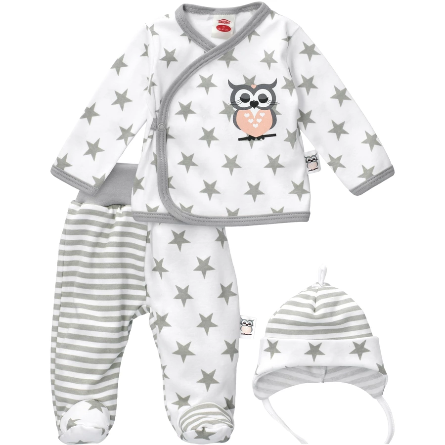 Baby Sweets 3tlg Set Shirt + Hose + Mütze Eule & Sterne weiß grau