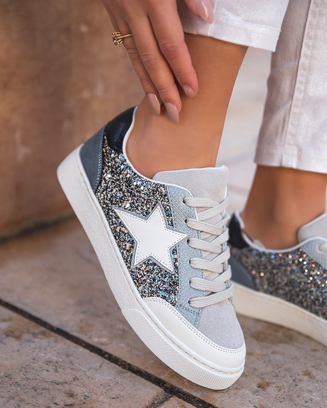 Basket femme bleue jeans paillettes étoile - Claudia