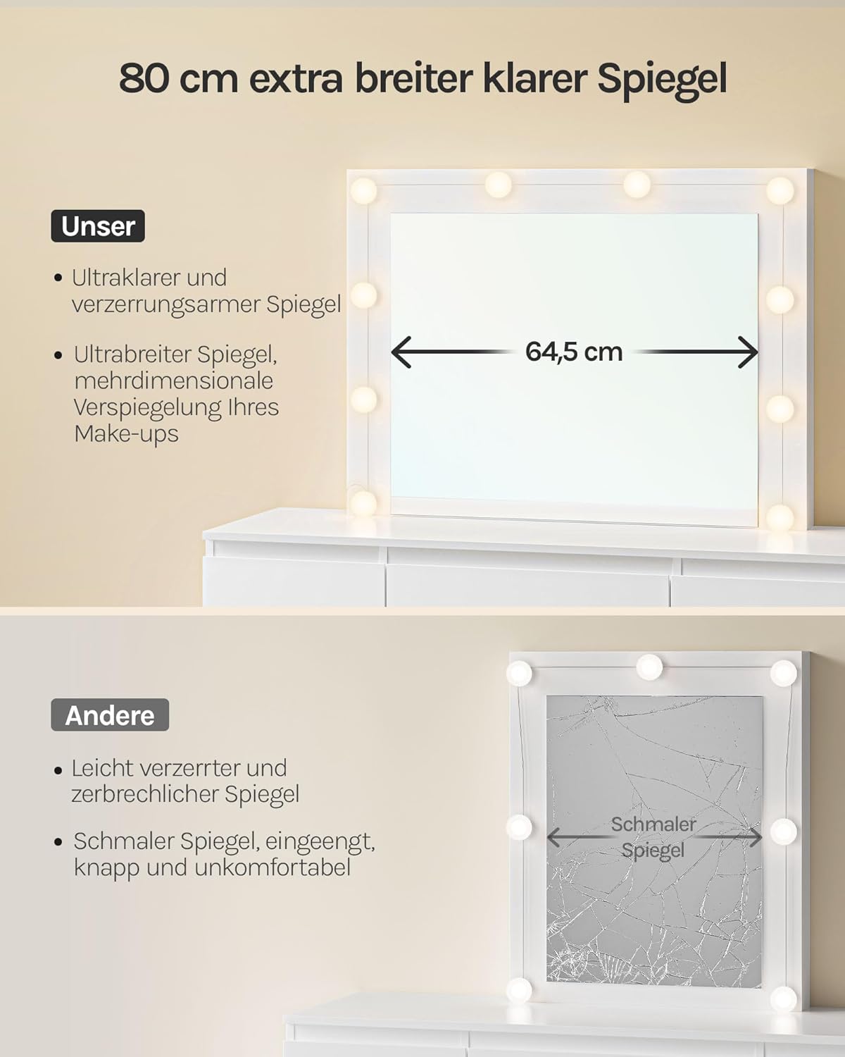 WOLTU Schminktisch mit LED-Beleuchtung, einstellbare Helligkeit, Kosmetiktisch mit großem Spiegel, Frisiertisch mit 7 Schubladen, 107x140,5x39,5 cm, für Schlafzimmer, Weiß