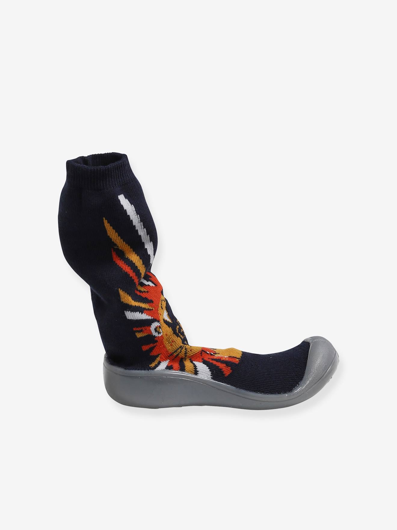 Pantufas antiderrapantes estilo meia para meninos, azul-escuras com estampa.