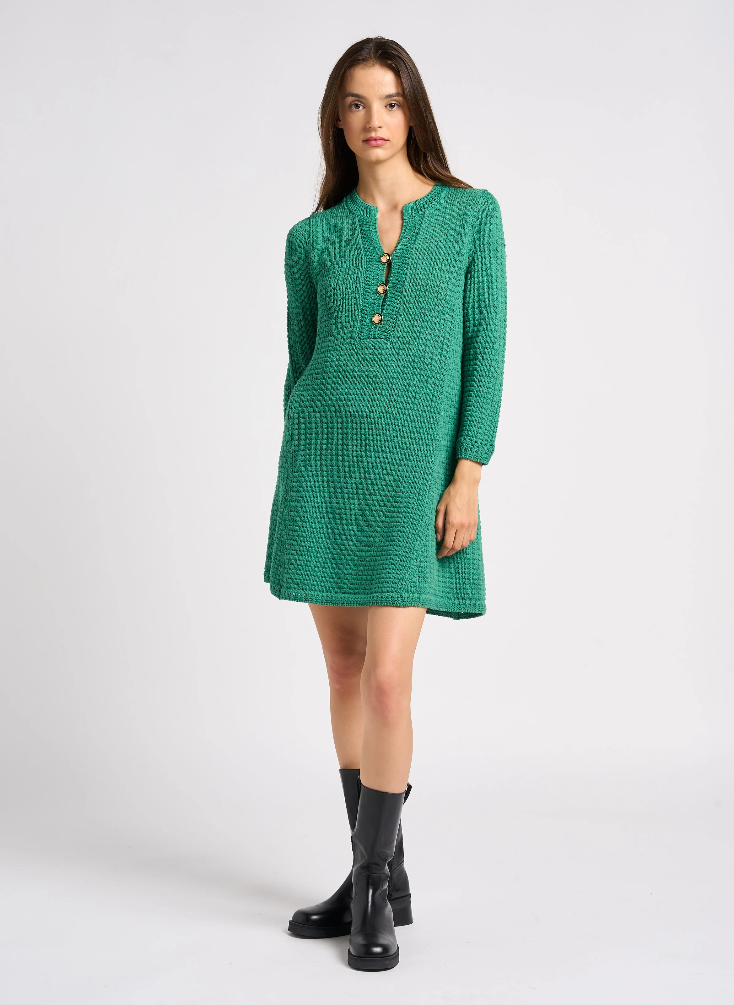 GYSELE - Robe courte col rond en coton mélangé | Vert