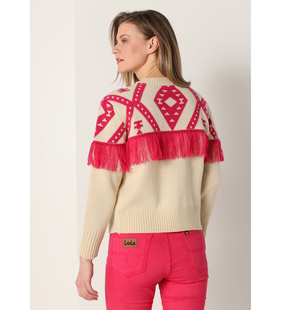 Blusa Lois Jersey com decote quadrado, estampa de losangos e franjas, bege.
