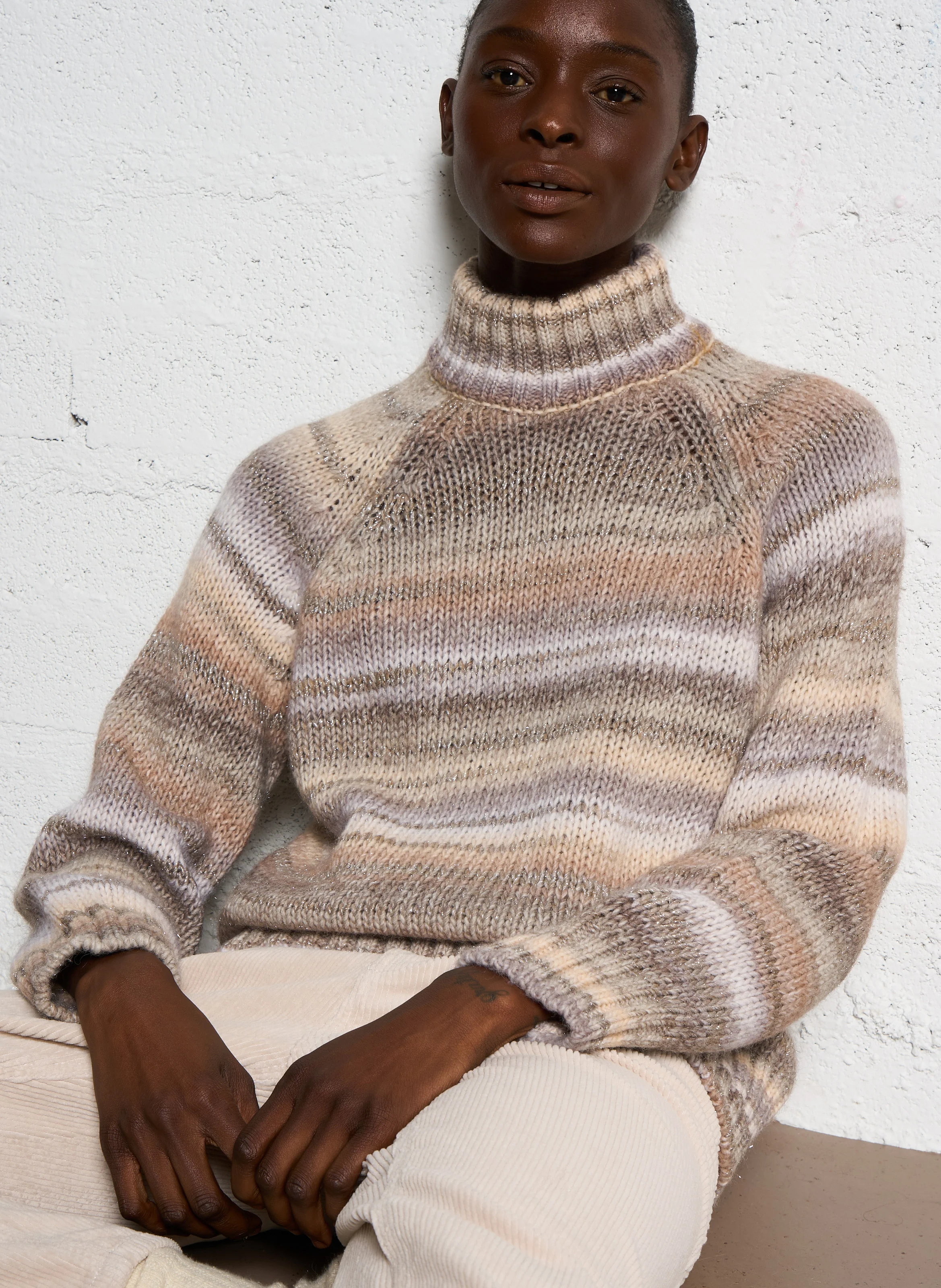MILOU - Pull col montant rayé | Blanc